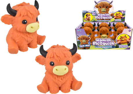 Hamish McSquish large Highland Coo squishy stretch sensory fidget toy showing two figures alongside display box