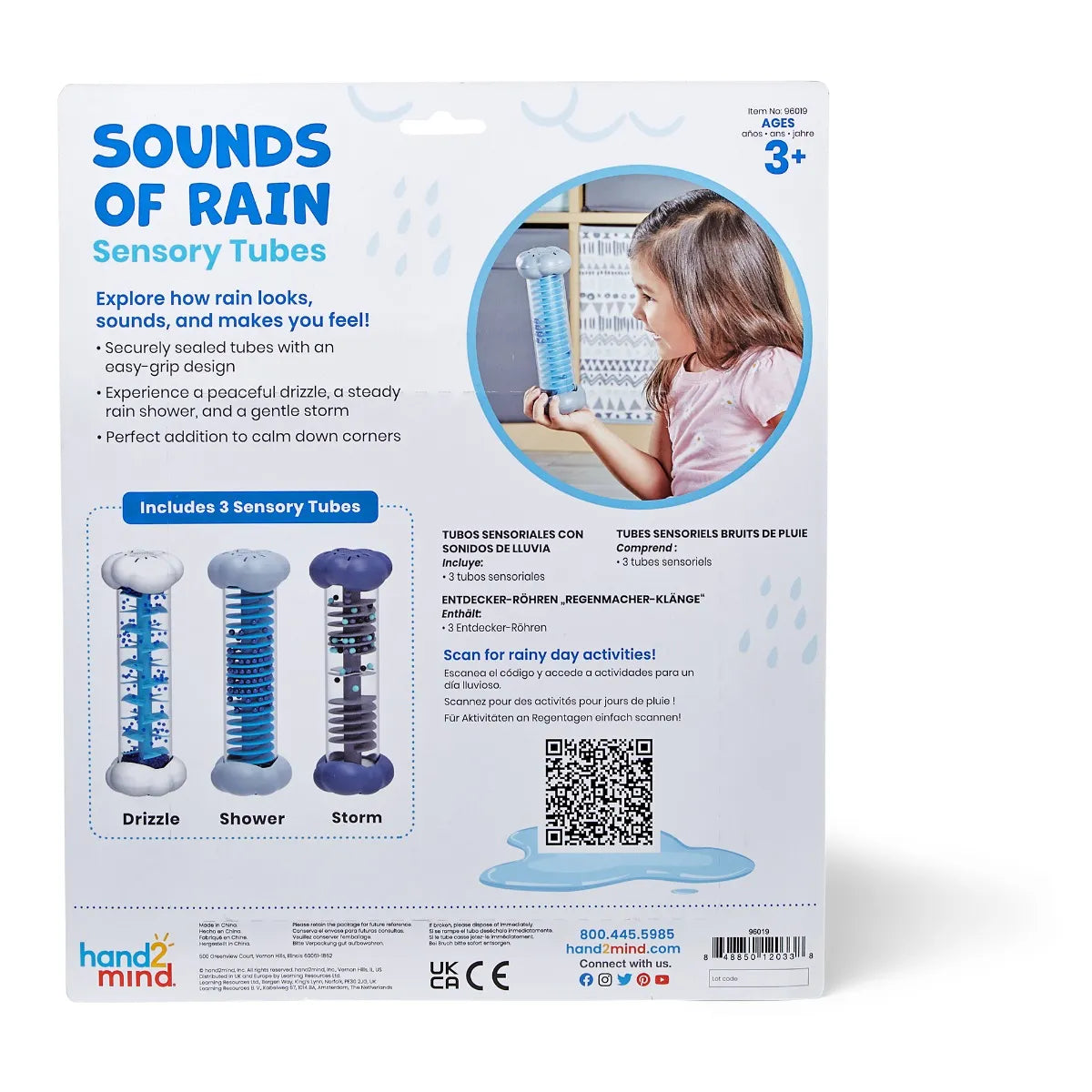 hand2mind Sounds of Rain Sensory Tubes packaging back, calming sensory toy with rain sounds