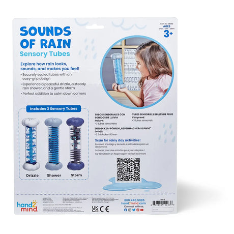 hand2mind Sounds of Rain Sensory Tubes packaging back, calming sensory toy with rain sounds