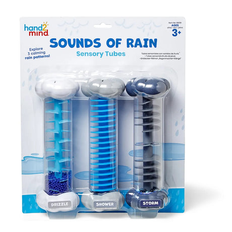 hand2mind Sounds of Rain Sensory Tubes packaging front, drizzle shower storm sensory toy set