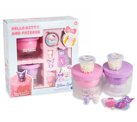 Hello Kitty and Friends Slime Set box front showing pink and purple slime jars and mini figures