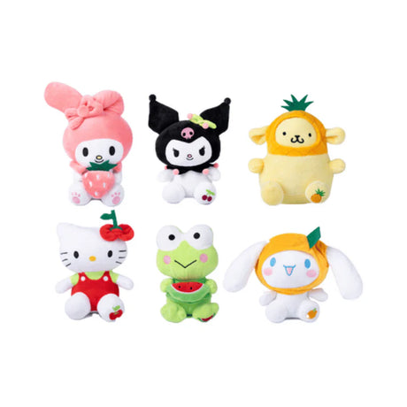 All 6 Hello Kitty and Friends Surprise Fruity Plush collectible characters My Melody Kuromi Pompompurin Hello Kitty Keroppi and Cinnamoroll in fruit costumes