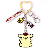 Hello Kitty and Friends Pompompurin Keyring with Charms, yellow heart ring, cake flower