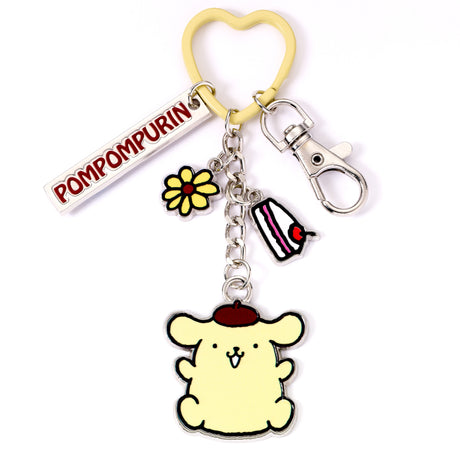 Hello Kitty and Friends Pompompurin Keyring with Charms, yellow heart ring, cake flower