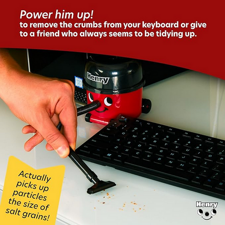 Henry Hoover mini desk vacuum cleaning keyboard crumbs, novelty desk toy