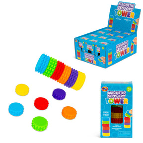 HGL Magnetic Sensory Tower retail display box alongside an individual box, loose discs and an assembled stacked tower