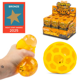 Honey bee fusion squish ball shown with Right Start Awards 2025 Bronze badge and product display box