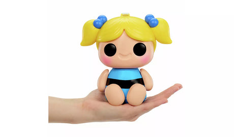 Hyojo Bubbles squishy figure sitting in hand, showing size, blue bobbles and soft body
