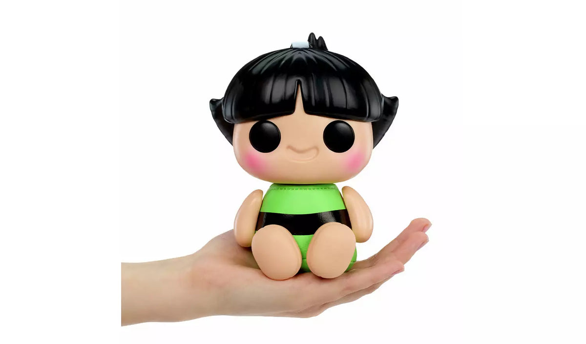 Hyojo Buttercup squishy figure in hand with black hair and green striped plush body