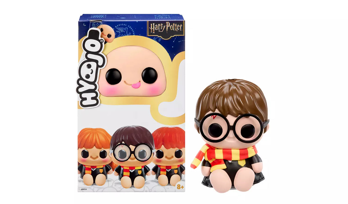 Hyojo Harry Potter blind box packaging beside Harry squishy collectible figure with scarf