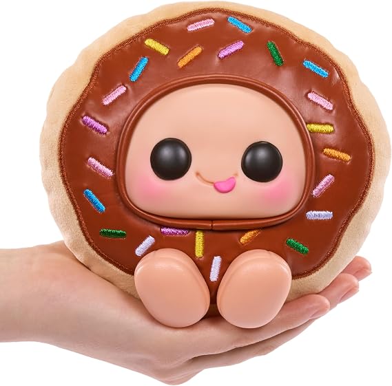 Hyojo Krispy Kreme chocolate iced doughnut plush held in hand, sensory fidget toy