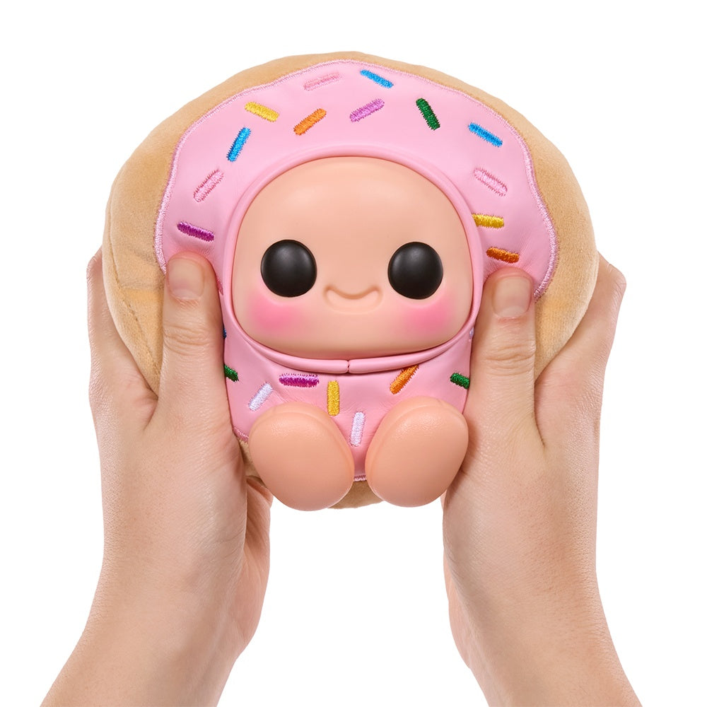 Hyojo Krispy Kreme strawberry iced doughnut plush held in hand, sensory fidget toy