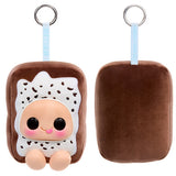 Front and back of Hyojo Pop-Tarts Cookies & Crème squishy keychain with brown plush body