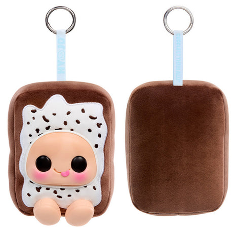 Front and back of Hyojo Pop-Tarts Cookies & Crème squishy keychain with brown plush body