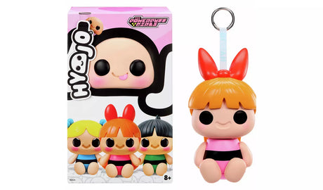 Hyojo Powerpuff Girls blind box packaging beside Blossom squishy keychain with red bow
