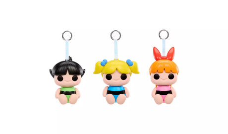 Hyojo Powerpuff Girls blind box squishy keychains showing Buttercup, Bubbles and Blossom figures