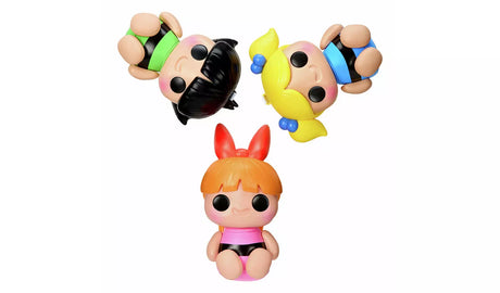 Hyojo Powerpuff Girls squishy figures Buttercup, Bubbles and Blossom laid out in a trio