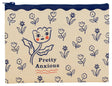 Incognito Pretty Anxious zip pouch with illustrated tulip character and delicate floral pattern on a cream background with navy zip