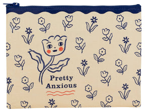Incognito Pretty Anxious zip pouch with illustrated tulip character and delicate floral pattern on a cream background with navy zip