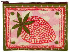 Incognito strawberry zip pouch with bold retro illustrated strawberry design in red, pink and olive green