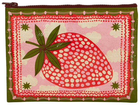 Incognito strawberry zip pouch with bold retro illustrated strawberry design in red, pink and olive green