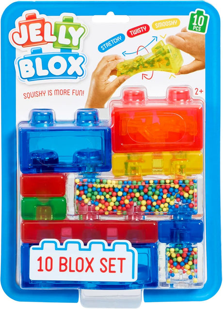 Jelly Blox squishy building blocks, 10 piece sensory fidget toy, packaged set