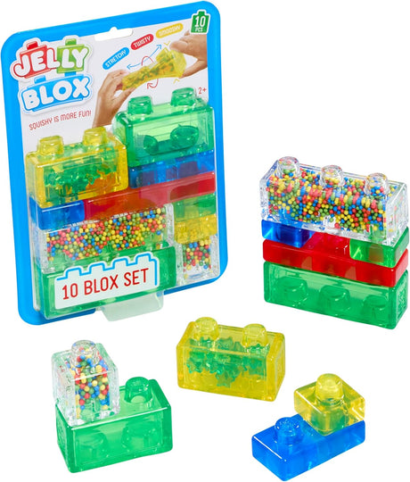 Jelly Blox squishy building blocks stacked, colourful sensory fidget toy pieces