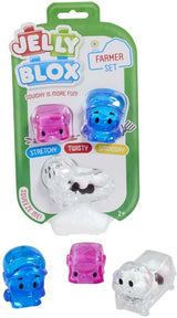 Jelly Blox Farm Friends Farmer Set 3-pack with blue farmer pink cow and white pig stretchy squishy sensory figures