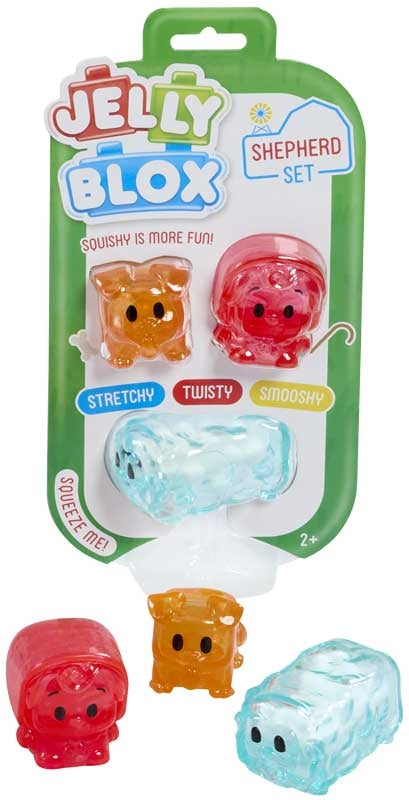 Jelly Blox Farm Friends Shepherd Set 3-pack with red shepherd orange dog and blue fuzzy sheep stretchy squishy sensory figures