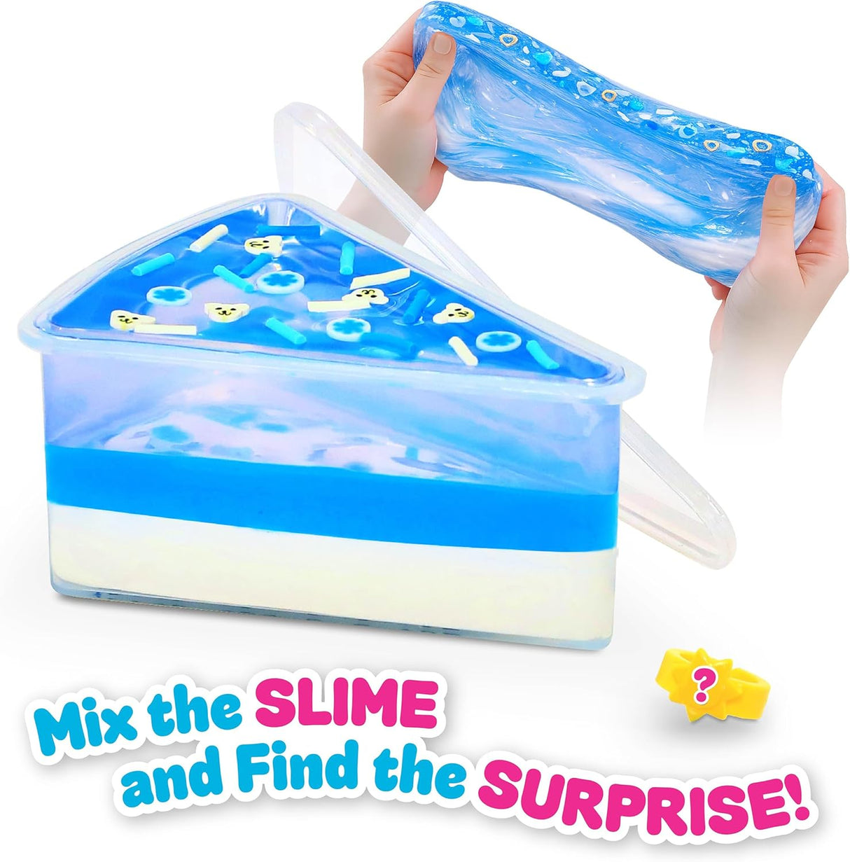 Blue Jelly Cakes slime being stretched, layered sensory toy with clay and mystery ring