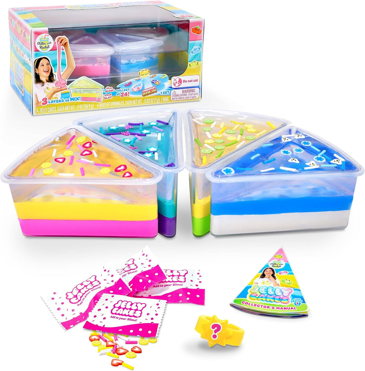 Four Jelly Cakes sensory toys with sprinkles and packaging, layered slime collectible set