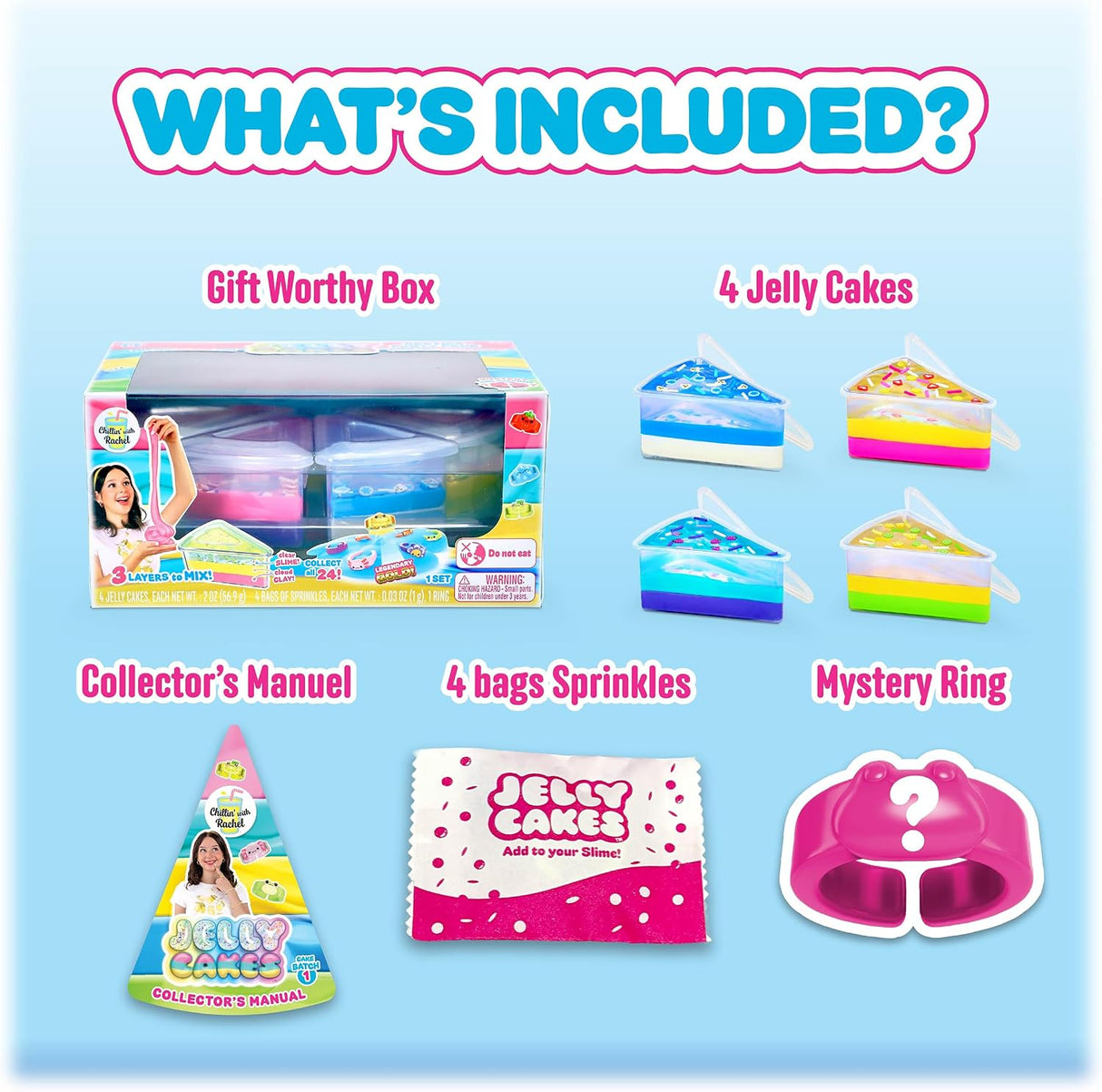An included items overview graphic for a Jelly Cakes toy set on a light blue background, with the headline 'WHAT'S INCLUDED?'. The image shows the gift box, four jelly cake slices, a collector's manual, four bags of sprinkles, and a pink mystery ring.