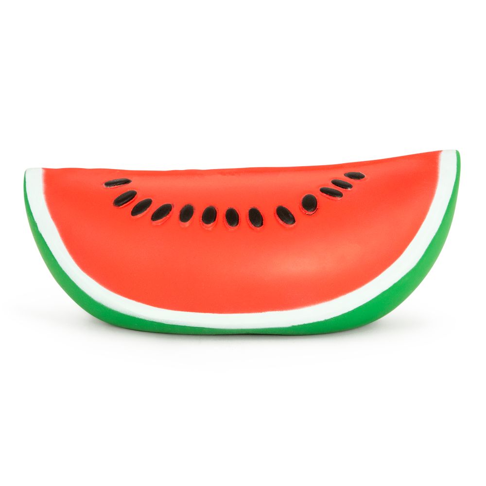 Side profile of a jumbo watermelon slice squishy showing smooth slow-rise foam texture
