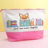Just One More Chapter fox canvas pouch at a slight angle showing the zip detail and three-quarter view of the Maple the Fox illustration