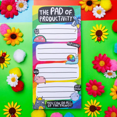 Katie Abey Pad of Productivity rainbow to-do notepad, flat lay, flowers and pompoms