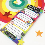 Katie Abey Pad of Productivity rainbow notepad, angled view, glitter star props