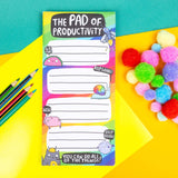 Katie Abey Pad of Productivity rainbow to-do list notepad, yellow background, pencils