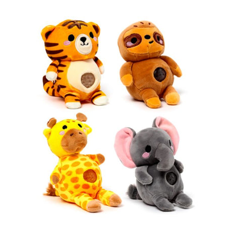 Four kawaii animal gel bead belly squeeze plush toys — tiger, sloth, giraffe, and elephant — each with an exposed gel bead window on the belly, arranged in a group against a white background