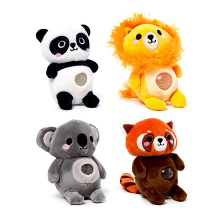Four kawaii animal gel bead belly squeeze plush toys — panda, lion, koala, and red panda — each with an exposed gel bead window on the belly, arranged in a group against a white background