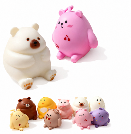White polar bear and pink kawaii bear squishy toys with full collection display
