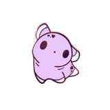 Kawaii purple axolotl hard enamel pin, white background product shot