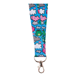 Blue kawaii lanyard with frog and brain cloud print, silver key ring and lobster clasp