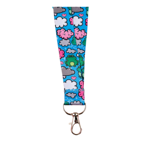 Blue kawaii lanyard with frog and brain cloud print, silver key ring and lobster clasp