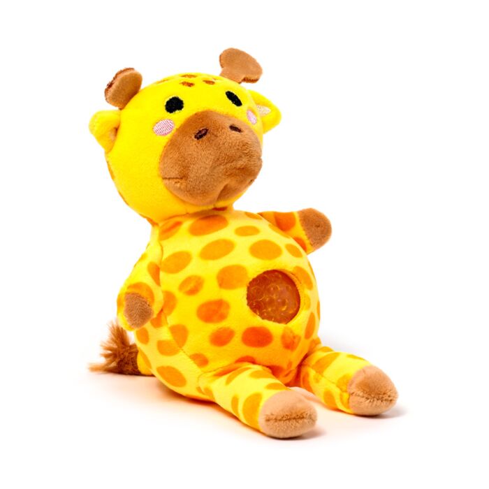 Kawaii giraffe gel bead belly squeeze plush toy — a yellow and orange spotted giraffe soft toy with a brown muzzle, small horns, and a gel bead window on the belly, lying down