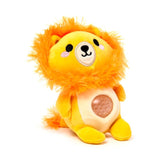 Kawaii lion gel bead belly squeeze plush toy — a yellow lion soft toy with a fluffy orange fringed mane, embroidered face, pink cheeks, and a clear gel bead window on the belly