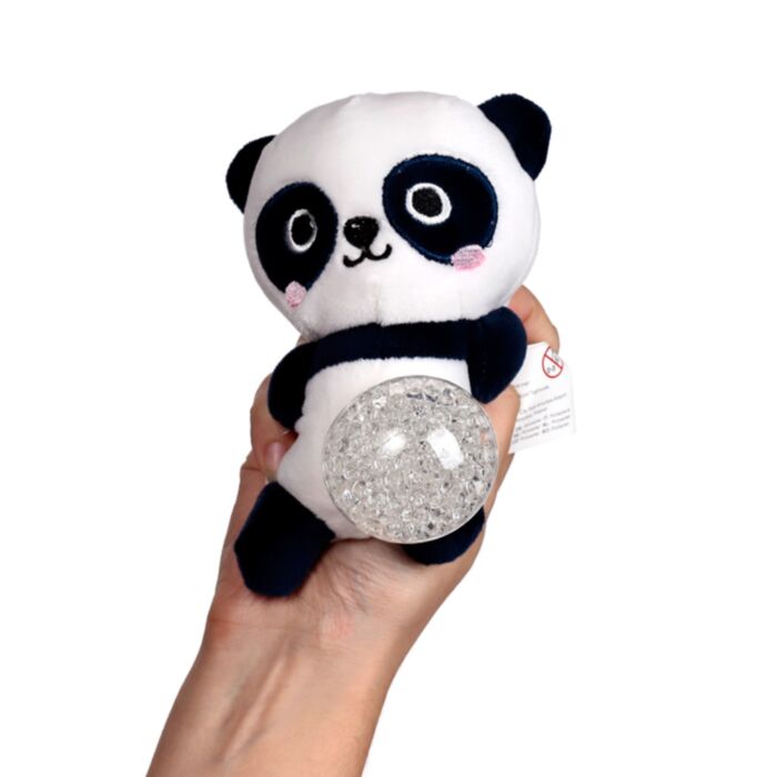 Kawaii panda gel bead belly squeeze plush toy being held in a hand with the clear gel bead belly pushed out through the transparent window on the white and black soft body