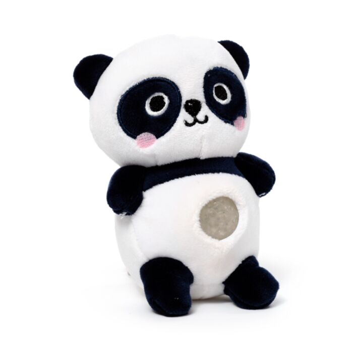 Kawaii panda gel bead belly squeeze plush toy — a black and white panda soft toy with embroidered facial features, pink blush cheeks, and a clear gel bead window on the belly