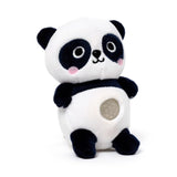 Kawaii panda gel bead belly squeeze plush toy — a black and white panda soft toy with embroidered facial features, pink blush cheeks, and a clear gel bead window on the belly