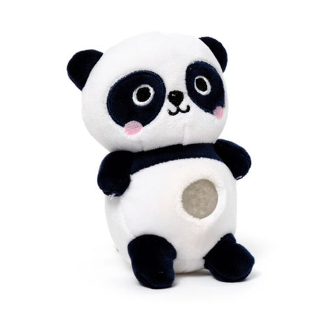 Kawaii panda gel bead belly squeeze plush toy — a black and white panda soft toy with embroidered facial features, pink blush cheeks, and a clear gel bead window on the belly