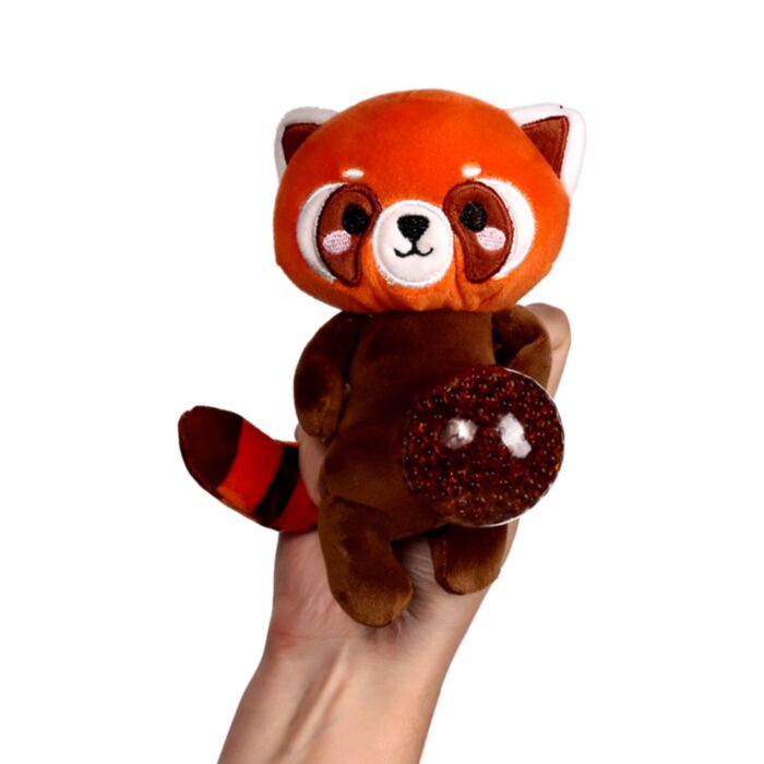 Kawaii red panda gel bead belly squeeze plush toy being held in a hand with the dark gel bead belly pushed out, showing the orange face with white markings and striped tail